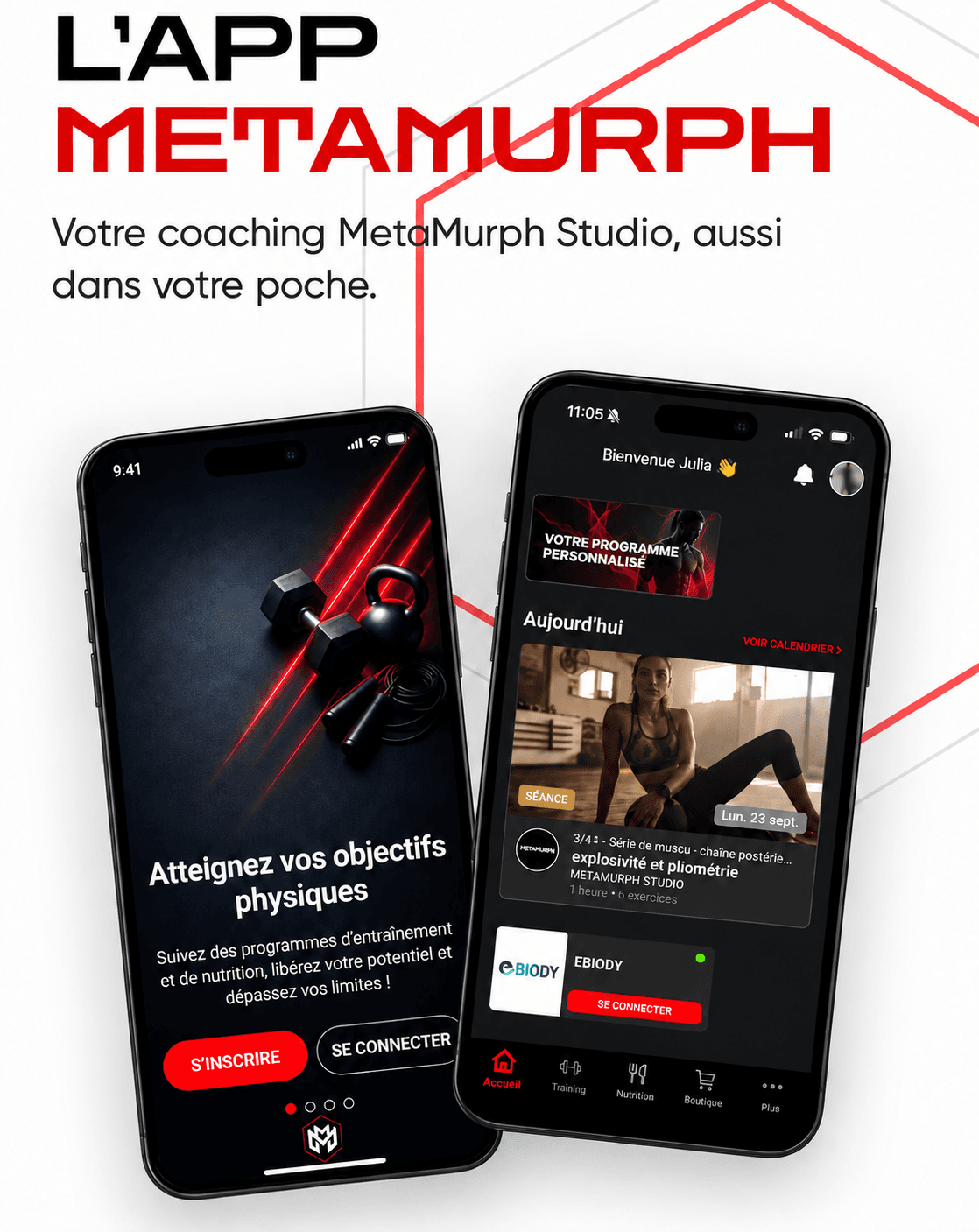 Application MetaMurph sur smartphone : programmes d’entraînement, nutrition et suivi de progression