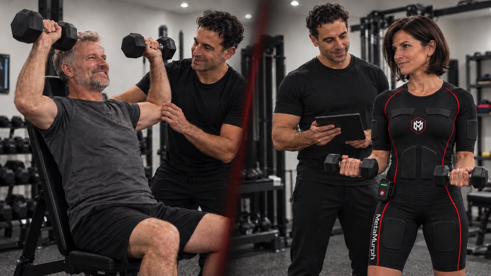 Coaching Signature MetaMurph 360 : musculation et EMS Coach MetaMurph accompagnant un homme de 55 ans au développé haltères et une femme de 50 ans en combinaison EMS : Coaching Signature MetaMurph 360