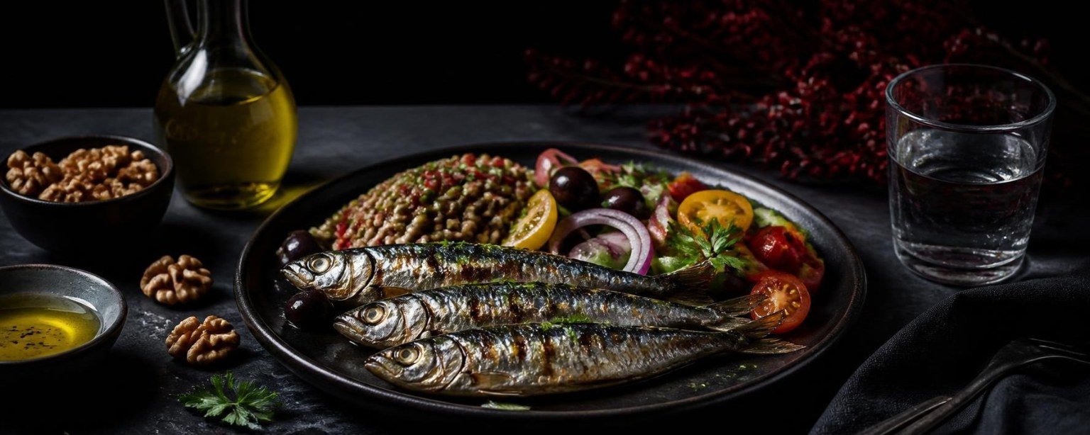 Repas méditerranéen protecteur du cœur : sardines grillées, légumes, huile d’olive et noix