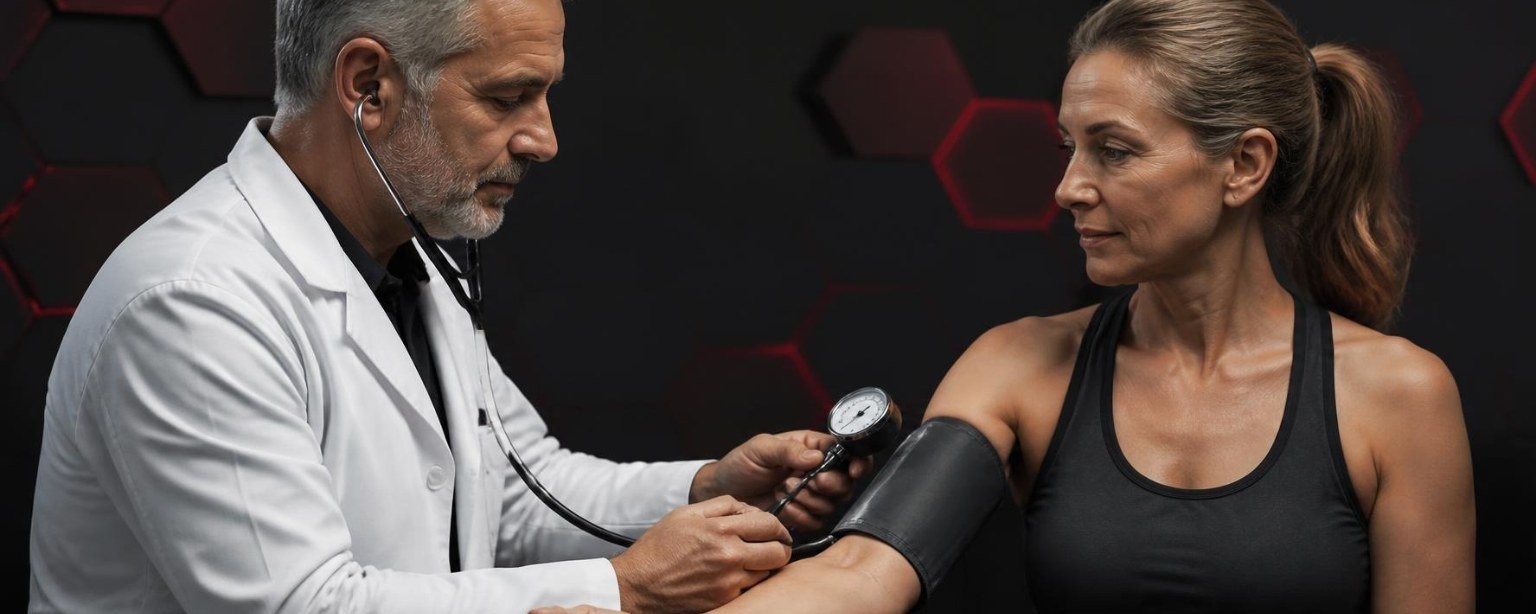 Médecin mesurant la tension artérielle d’une femme de 50 ans en tenue de sport avant la reprise