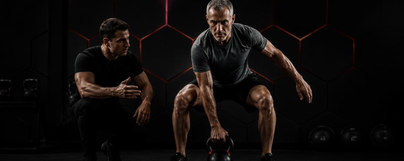 Coach accompagnant un client de 48 ans lors d’un circuit kettlebell en coaching privé MetaMurph
