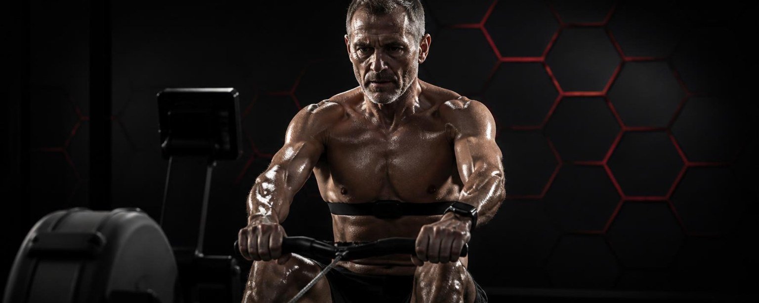 Homme de 50 ans s’entraînant sur un rameur avec ceinture cardiofréquencemètre dans un studio privé