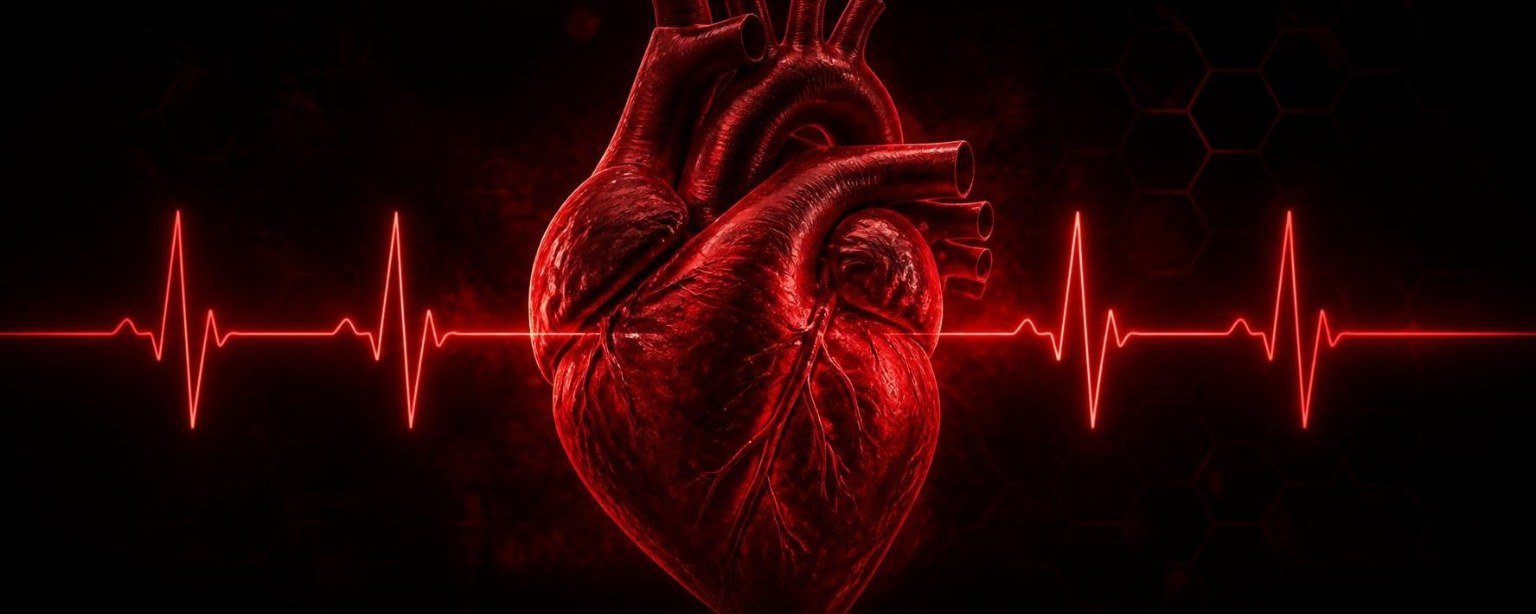 Illustration d’un cœur humain rouge avec un tracé d’électrocardiogramme sur fond noir