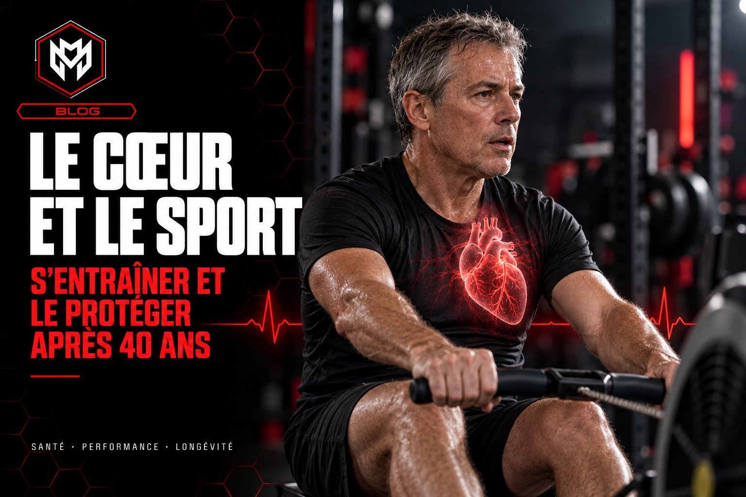 Homme de 52 ans sur un rameur avec un cœur anatomique lumineux en surimpression : le cœur et le sport après 40 ans – MetaMurph Studio