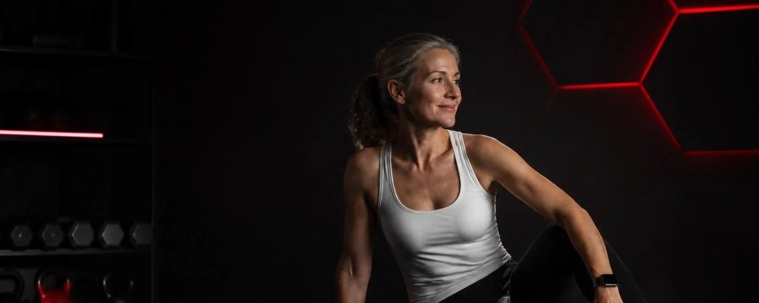 Ménopause, sommeil et ventre après 40 ans Femme de 52 ans réalisant un étirement de récupération au sol dans un studio de coaching privé