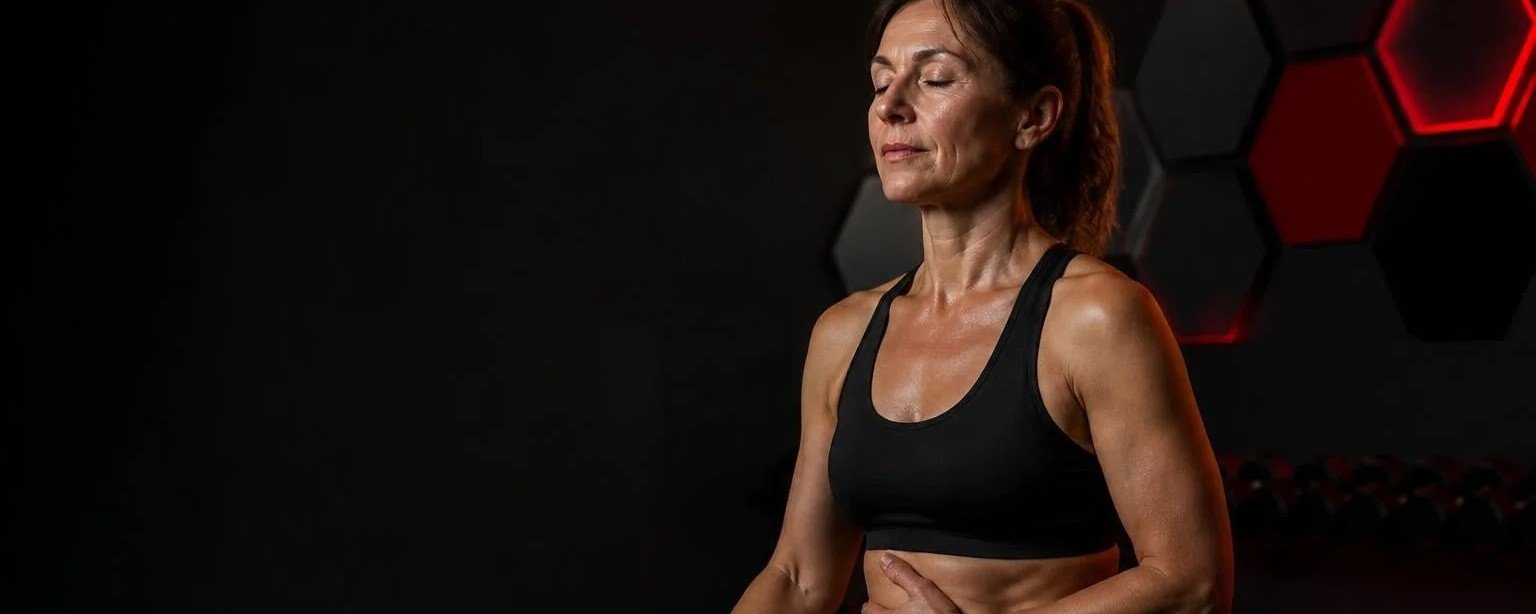 Cortisol et ventre après 40 ans : ce que montrent les études Femme de 48 ans respirant calmement, main sur le ventre, assise sur un banc au studio MetaMurph