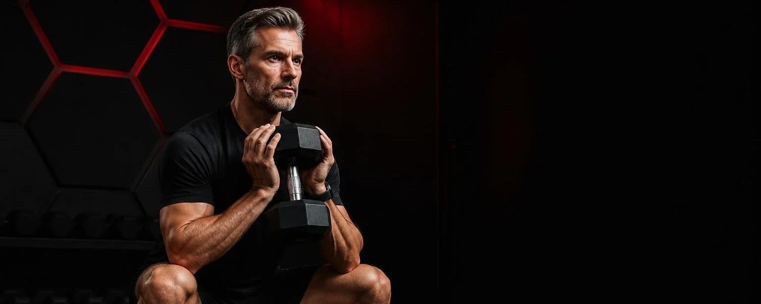 Reprendre le sport à 50 ans : le muscle, meilleur allié Homme de 50 ans réalisant un squat gobelet avec un haltère en coaching privé chez MetaMurph Studio