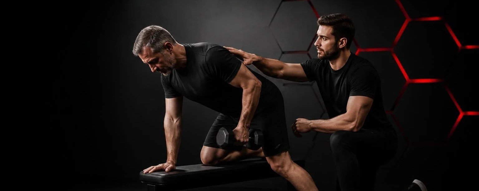 Première séance en coaching privé à MetaMurph Studio Coach corrigeant la posture d’un homme de 50 ans pendant un rowing haltère en séance individuelle
