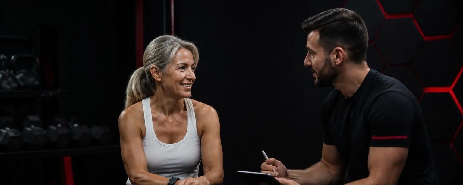 Préparer sa première séance de sport à 50 ans Femme de 55 ans échangeant avec son coach avant sa première séance au studio MetaMurph à Latour-Bas-Elne