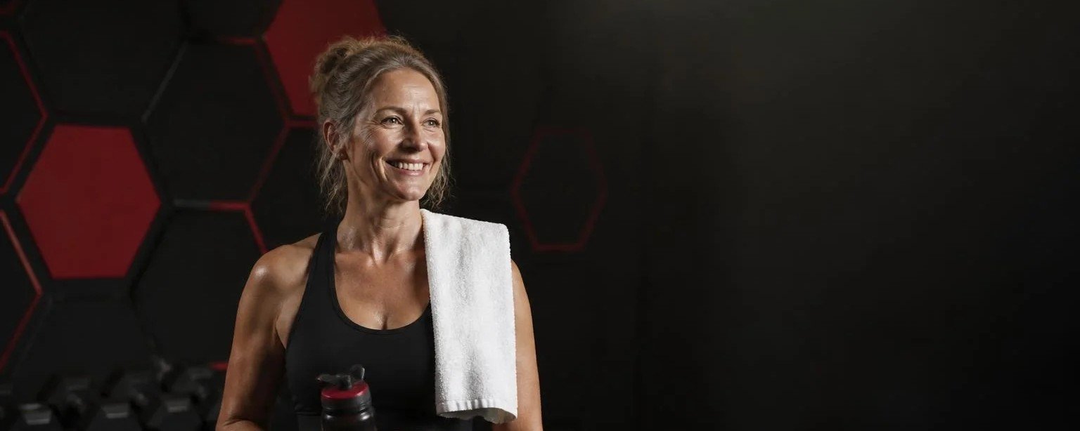 Organiser une reprise du sport durable après 50 ans Femme de 50 ans souriante après sa séance, serviette et gourde à la main, au studio MetaMurph
